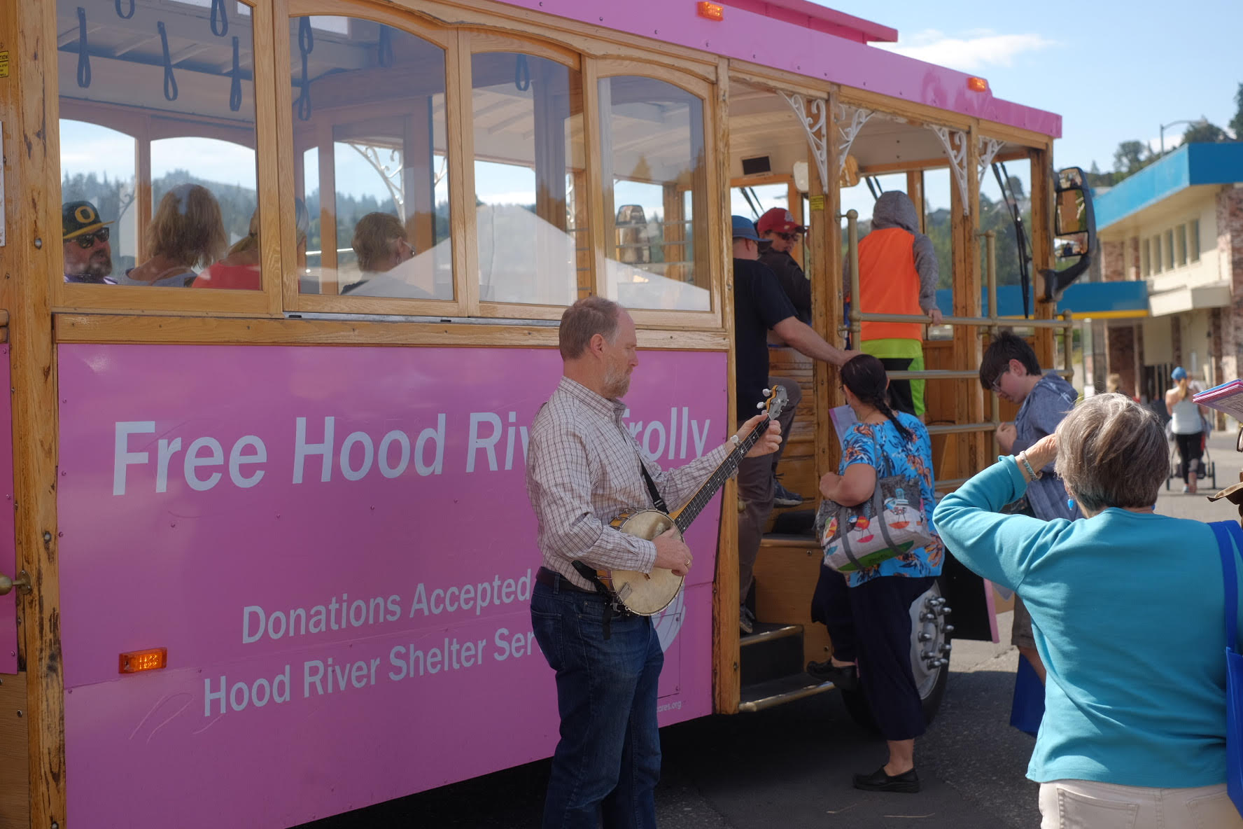 Hood River Mayor Paul Blackburn with the Pink Trolley