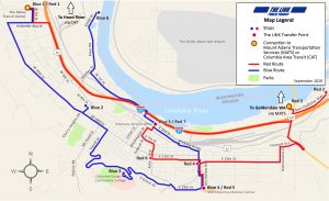 map of The Dalles showing the red and blue Link routes.