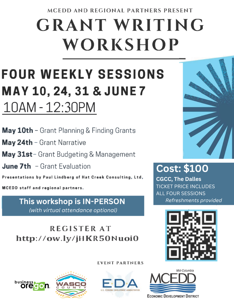 Grant writing workshop flyer with dates, times, topics and how to register.